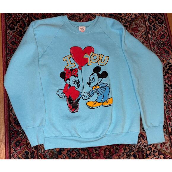 Vintage Disney Mickey & Minnie Mouse Blue Raglan Sweatshirt: I Love You Graphic - Picture 2 of 4
